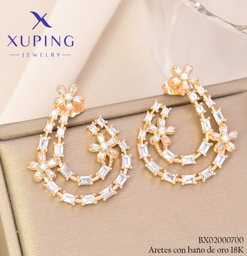 [BX02000700] ARETES BAÑO DE ORO 18K "J" ZIRC RECT/FLORES (X.JL) (XAG)