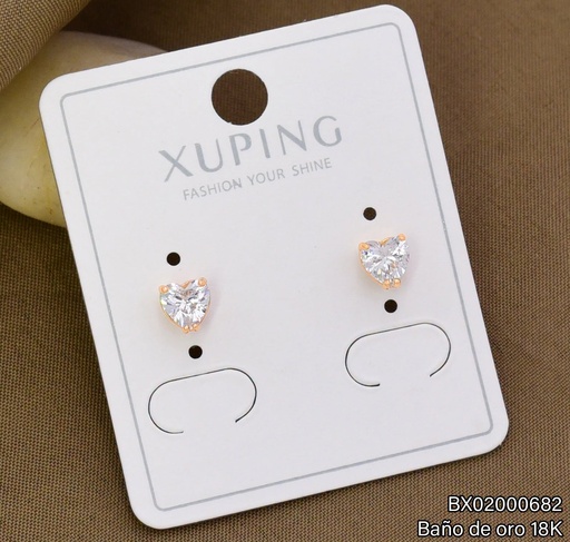 [BX02000682] ARETES TOPITOS BAÑO DE ORO 18K XUPING CORZAON ZIRC. CRISTAL (X.JL)