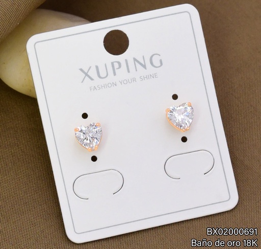 [BX02000691] ARETES TOPITOS BAÑO DE ORO 18K XUPING CORAZÓN ZIRC. CRISTAL (X.JL)