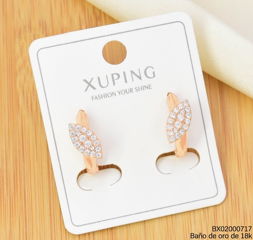 [BX02000717] ARETES HUGGIES BAÑO DE ORO 18K XUPING HOJITA ZIRC. (X.JL)