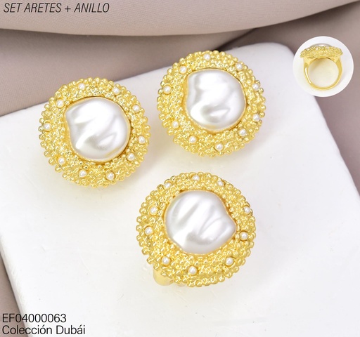 [EF04000063] SET DUBAI ARETES/ANILLOS PERLA BASE CORRUGADA RD FD26663(DUB1)