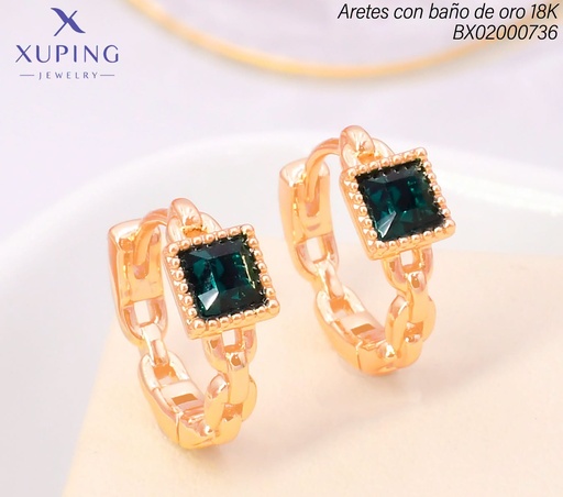 [BX02000736] ARETES HUGGIES BAÑO DE ORO 18K XUPING CADENA/ZIRC.VERDE JESM-8082(X.JL)