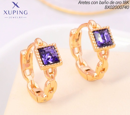 [BX02000740] ARETES HUGGIES BAÑO DE ORO 18K XUPING CADENA/ZIRC.MORADA JESM-8082(X.JL)