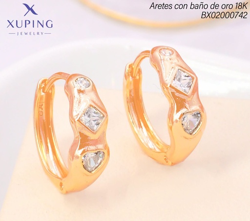 [BX02000742] ARETES HUGGIES BAÑO DE ORO 18K XUPING ZIRC.RD/RB/CORAZON (X.JL)