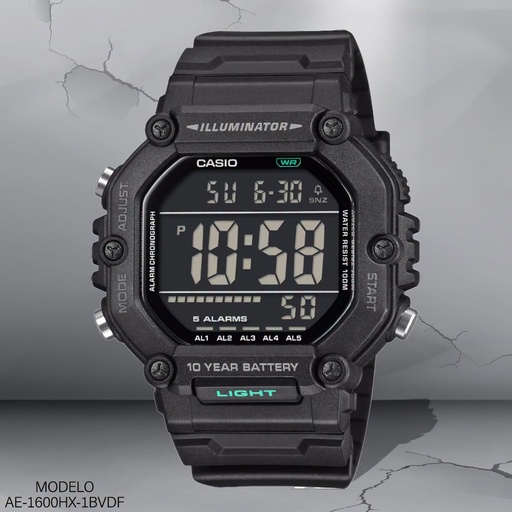 [AE-1600HX-1BVDF] RELOJ CASIO DIGITAL AE-1600HX-1BVDF SILICON NEGRO