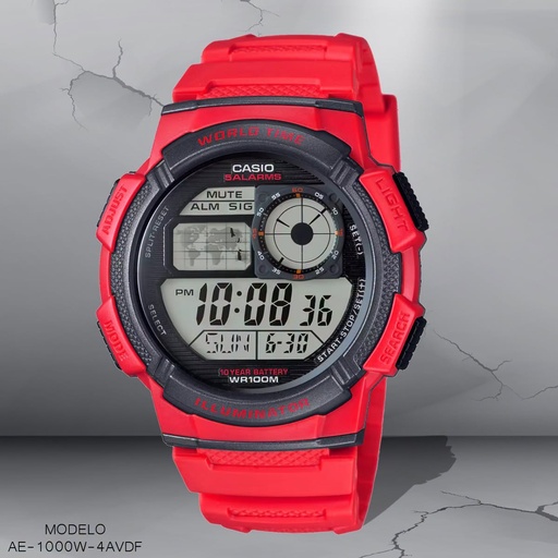 [AE-1000W-4AVDF] RELOJ CASIO DIGITAL CAB. AE-1000W-4AVDF RESINA ROJA