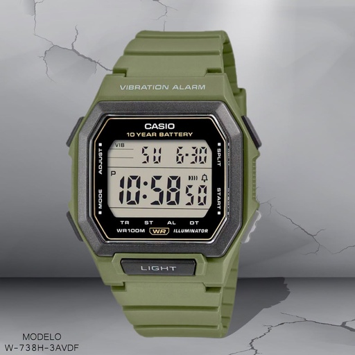 [W-738H-3AVDF] RELOJ CASIO DIGITAL CAB.W-738H-3AVDF RESINA VERDE