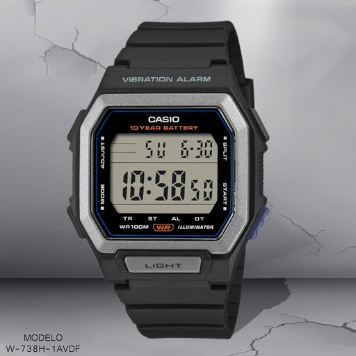 [W-738H-1AVDF] RELOJ CASIO DIGITAL CAB. W-738H-1AVDF RESINA NEGRA