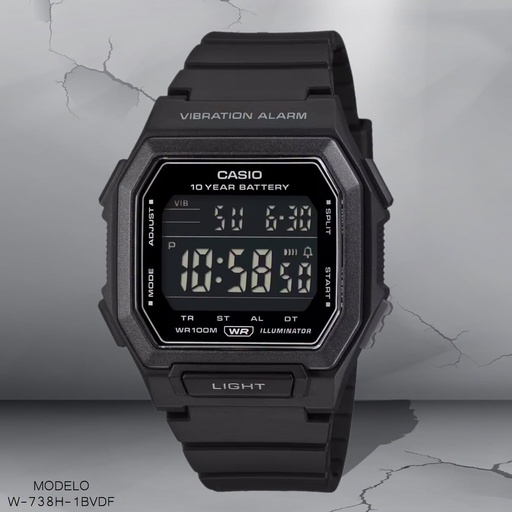 [W-738H-1BVDF] RELOJ CASIO DIGITAL CAB.W-738H-1BVDF RESINA NEGRA
