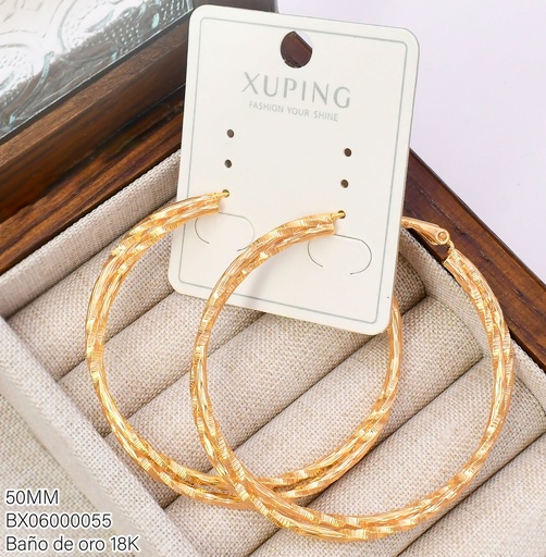 [BX06000055] ARGOLLA BAÑO DE ORO 18K XUPING DIAMANTADA DOBLE 50MM TORNEADO LARGO (XAG)