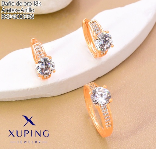 [BX04000056] SET BAÑO DE ORO 18K ARETES/ANILLO SOLITARIO C/ZIRC. (XAG)