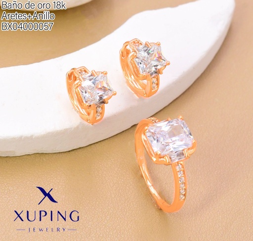 [BX04000057] SET BAÑO DE ORO 18K ARETES/ANILLO SOLITARIO ZIRC.RECT (XAG)
