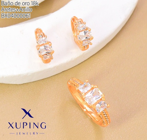 [BX04000061] SET BAÑO DE ORO 18K ARETES/ANILLO SOLITARIO 3 ZIRC.(XAG)
