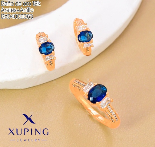 [BX04000063] SET BAÑO DE ORO 18K ARETES/ANILLO SOLITARIO ZIRC.AZUL (XAG)