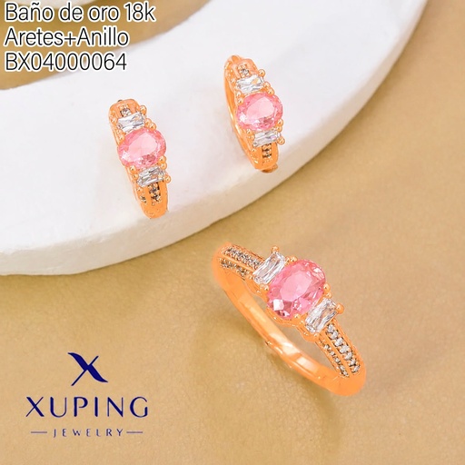 [BX04000064] SET BAÑO DE ORO 18K ARETES/ANILLO SOLITARIO ZIRC.ROSADA (XAG)