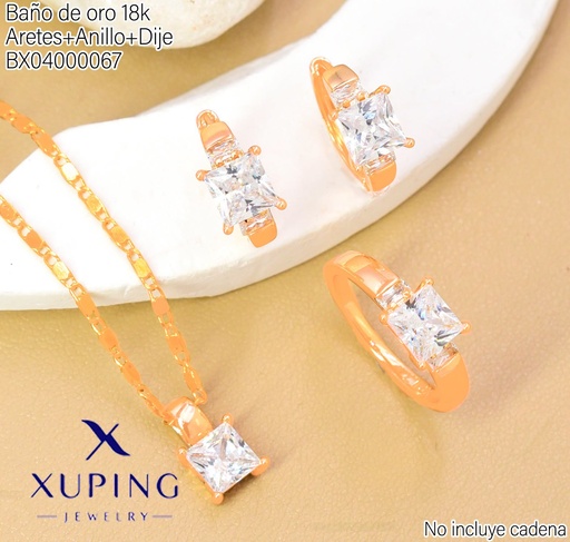 [BX04000067] SET BAÑO DE ORO 18K ARETES/ANILLO/DIJE SOLITARIO ZIRC.RECT. (XAG)