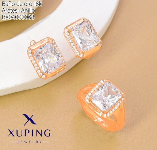 [BX04000068] SET BAÑO DE ORO 18K ARETES/ANILLO SOLITARIO ZIRC.RECT.GR. (XAG)