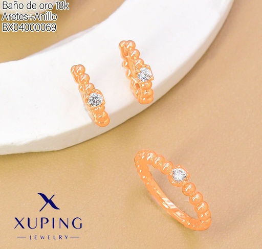 [BX04000069] SET BAÑO DE ORO 18K ARETES/ANILLO SOLITARIO PELOTITAS (XAG)