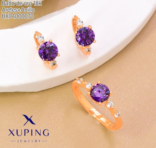 [BX04000070] SET BAÑO DE ORO 18K ARETES/ANILLO SOLITARIO ZIRC.LILA RD. (XAG)