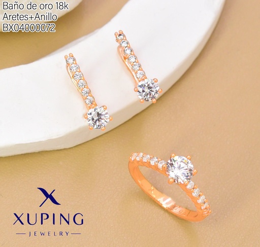 [BX04000072] SET BAÑO DE ORO 18K ARETES/ANILLO SOLITARIO ZIRC.BORDES (XAG)