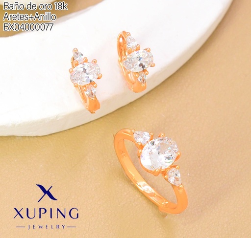[BX04000077] SET BAÑO DE ORO 18K.ARETES/ANILLO SOLITARIO C/HOJITAS (XAG)