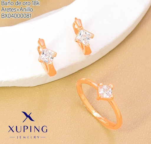 [BX04000081] SET BAÑO DE ORO 18K.ARETES/ANILLO SOLITARIO ZIRC.RB. (XAG)
