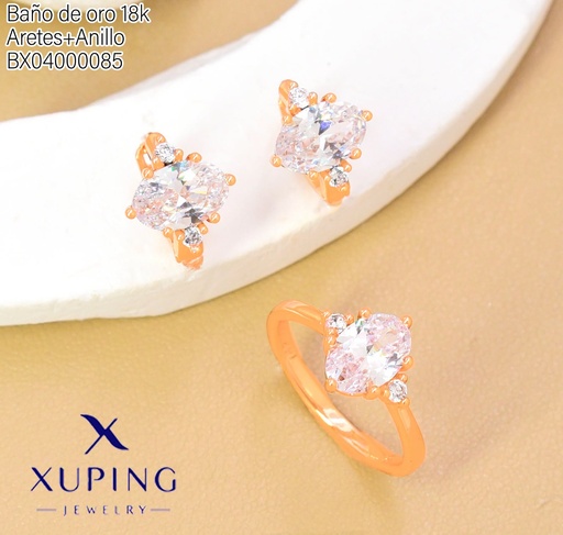 [BX04000085] SET BAÑO DE ORO 18K.ARETES/ANILLO SOLITARIO ZIRC.OV (XAG)
