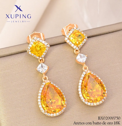 [BX02000750] ARETES BAÑO DE ORO 18K XUPING ZIRC. ROMBO/GOTA AMARILLA (XAG)
