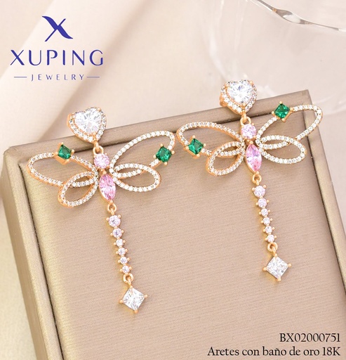 [BX02000751] ARETES BAÑO DE ORO 18K XUPING LIBELULA ZIRC. (XAG)