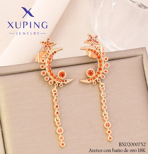 [BX02000752] ARETES BAÑO DE ORO 18K XUPING MEDIA LUNA/ ESTRELLA NARANJA (XAG)