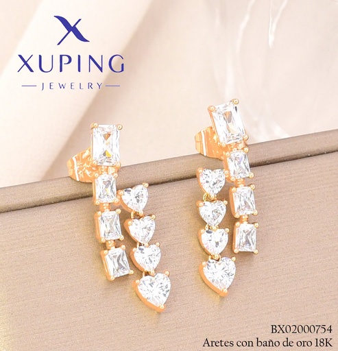 [BX02000754] ARETES BAÑO DE ORO 18K XUPING ZIRC. RECT/CORAZONES CRISTAL (XAG)