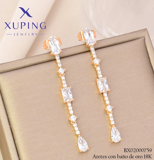 [BX02000759] ARETES BAÑO DE ORO 18K XUPING LINEA ZIRC. RECT/ RD CRISTAL (XAG)