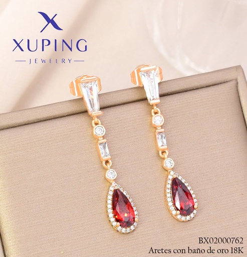 [BX02000762] ARETES BAÑO DE ORO 18K XUPING ZIRC. RECT / GOTA ROJA (XAG)