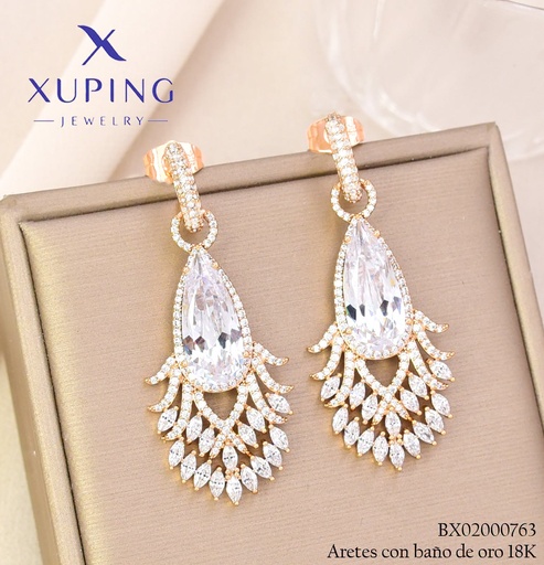 [BX02000763] ARETES BAÑO DE ORO 18K XUPING GOTA ZIRC. CRISTAL (XAG)