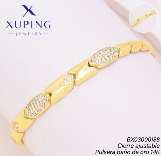[BX03000188] PULSERA BAÑO DE ORO 14K XUPING  ROMBOS ZIRC. (XAG)