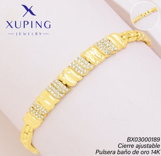 [BX03000189] PULSERA BAÑO DE ORO 14K XUPING RECT. LISOS/ZIRC. (XAG)