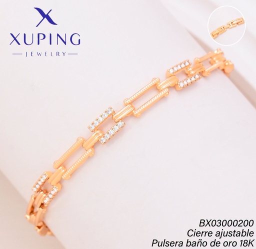 [BX03000200] PULSERA BAÑO DE ORO 18K XUPING CUADROS ZIRC/ RECT (XAG)