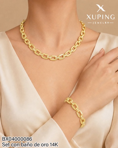 [BX04000086] SET BAÑO DE ORO 14K. XUPING CADENA/ PULSERA ESLAB. LISOS/ZIRC.(XAG)