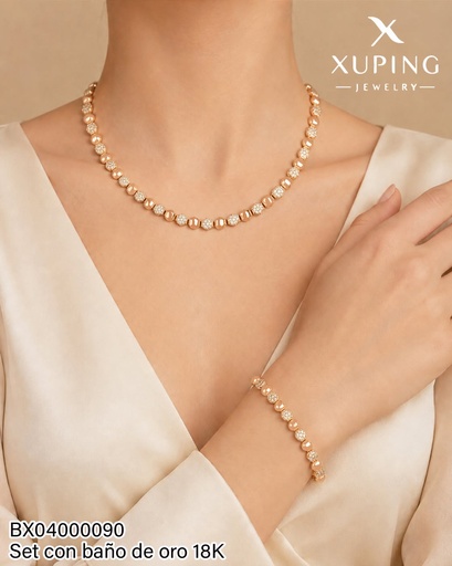[BX04000090] SET BAÑO DE ORO 18K. XUPING CADENA/PULSERA HEXÁGONOS LISOS/ZIRC. (XAG)