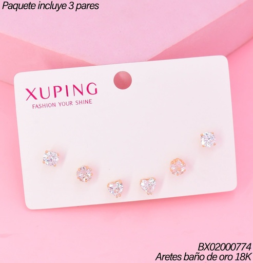 [BX02000774] PAQ.3 PARES ARETES BAÑO DE ORO 18K.XUPING ZIRC.RD/FLOR/CORAZON (XAGOST)