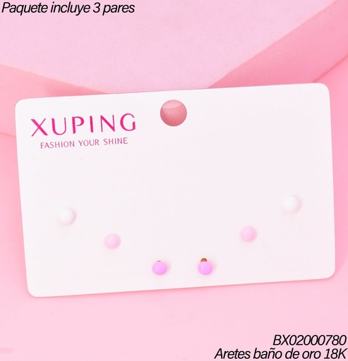 [BX02000780] PAQ.3 PARES ARETES BAÑO DE ORO 18K.XUPING 3 TOPITOS COL.PASTELES (XAGOST)
