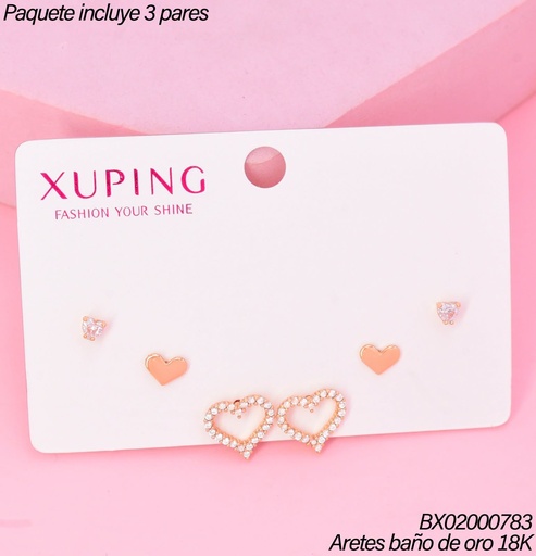 [BX02000783] PAQ.3 PARES ARETES BAÑO DE ORO 18K.XUPING ZIRC.CORAZ./CORAZON/CROQUI (XAGOST)