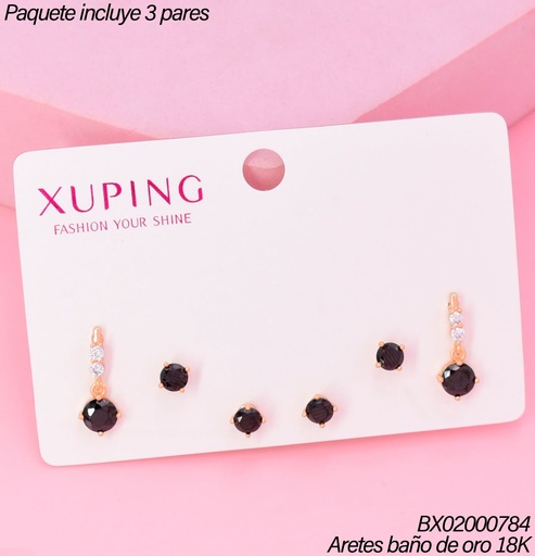 [BX02000784] PAQ.3 PARES ARETES BAÑO DE ORO 18K.XUPING 3 ZIRC.NEGRAS/COLGANTE (XAGOST)
