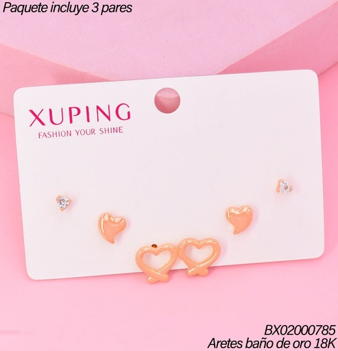 [BX02000785] PAQ.3 PARES ARETES BAÑO DE ORO 18K.XUPING 3 CORAZ. ZIRC/LISO/CROQUI (XAGOST)