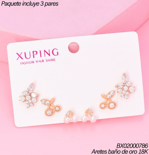 [BX02000786] PAQ.3 PARES ARETES BAÑO DE ORO 18K.XUPING ZIRC.FLOR/2 CEREZAS (XAGOST)