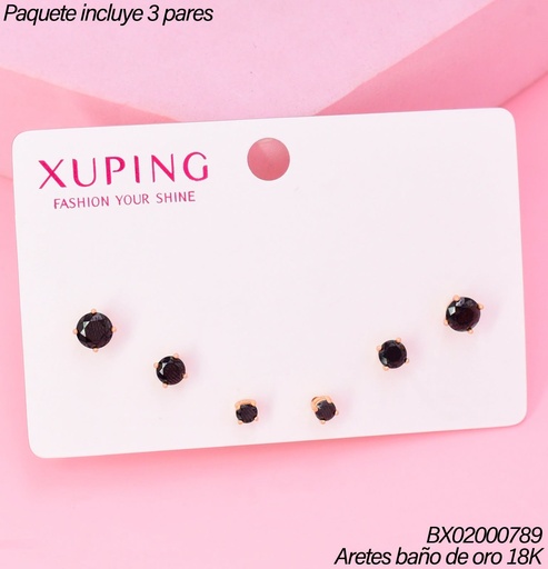 [BX02000789] PAQ.3 PARES ARETES BAÑO DE ORO 18K.XUPING 3 ZIRC.NEGRAS DIF.TAMAÑOS (XAGOST)