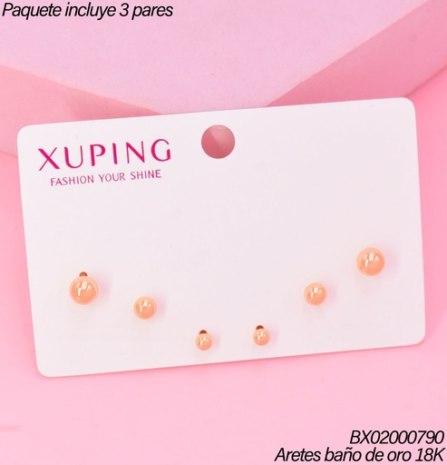 [BX02000790] PAQ.3 PARES ARETES BAÑO DE ORO 18K.XUPING 3 PELOTITAS DIF.TAMAÑOS (XAGOST)