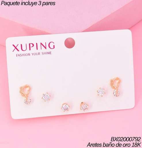 [BX02000792] PAQ.3 PARES ARETES BAÑO DE ORO 18K.XUPING 3 ZIRC.RD C/CORAZON (XAGOST)