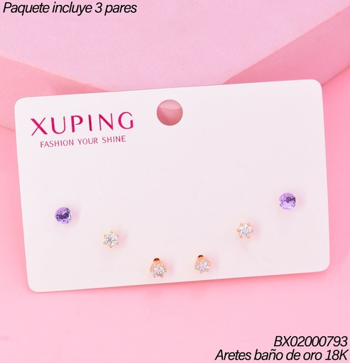 [BX02000793] PAQ.3 PARES ARETES BAÑO DE ORO 18K.XUPING 2 ZIRC.RD/MORADA (XAGOST)