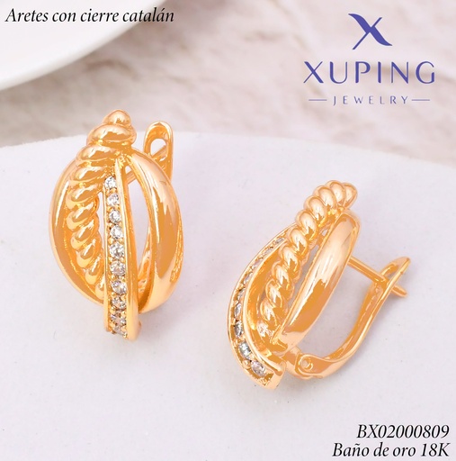 [BX02000809] ARETES BAÑO DE ORO 18K.C/CIERRE DE CATALÁN XUPING 3 LINEAS LISA/TOR/ZIRC.(XAG)